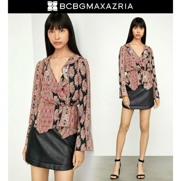 BCBGMAXAZRIA Printed Long Sleeve V-Neck Surplice Woven Asymmetrical Hem Blouse - Picture 6 of 15